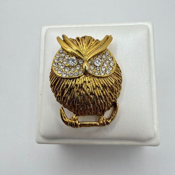 Jewelry - Vintage gold tone metal Owl Brooch/Pin with cz rhinestone face!